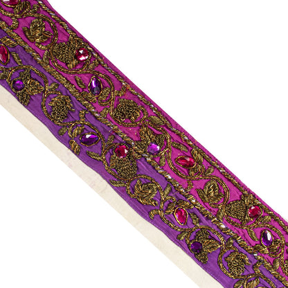 Sanskriti Vintage 1 Yard 4"W Sari Border Purple Hand Embroidered DabkaCraft Lace