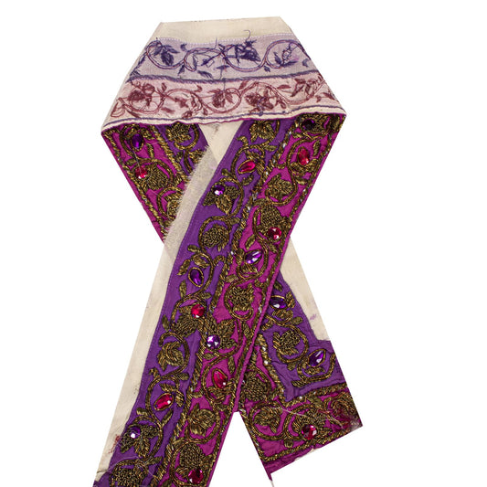 Sanskriti Vintage 1 Yard 4"W Sari Border Purple Hand Embroidered DabkaCraft Lace