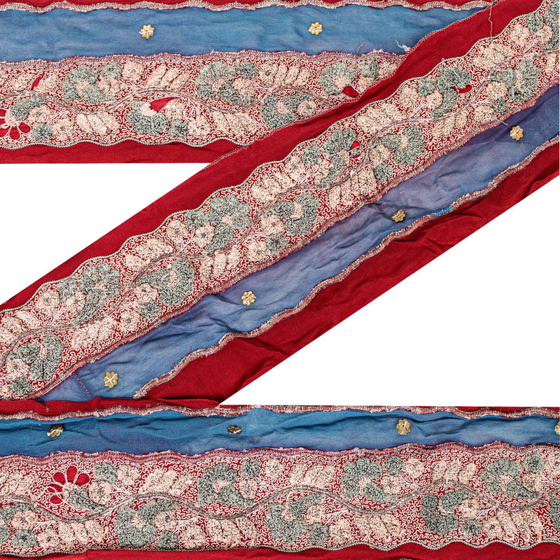 Sanskriti Vintage Sari Border Blue & Red Hand Beaded Zari Seqins Craft 1 Yd Sewing Trims Deco 4W Lace Pure Crepe Silk Saree Ribbon