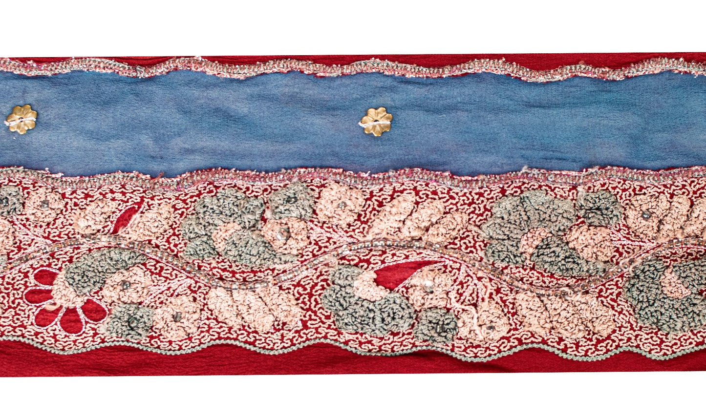 Sanskriti Vintage Sari Border Hand Beaded Craft 1 YD Sewing Blue Trims Deco Lace