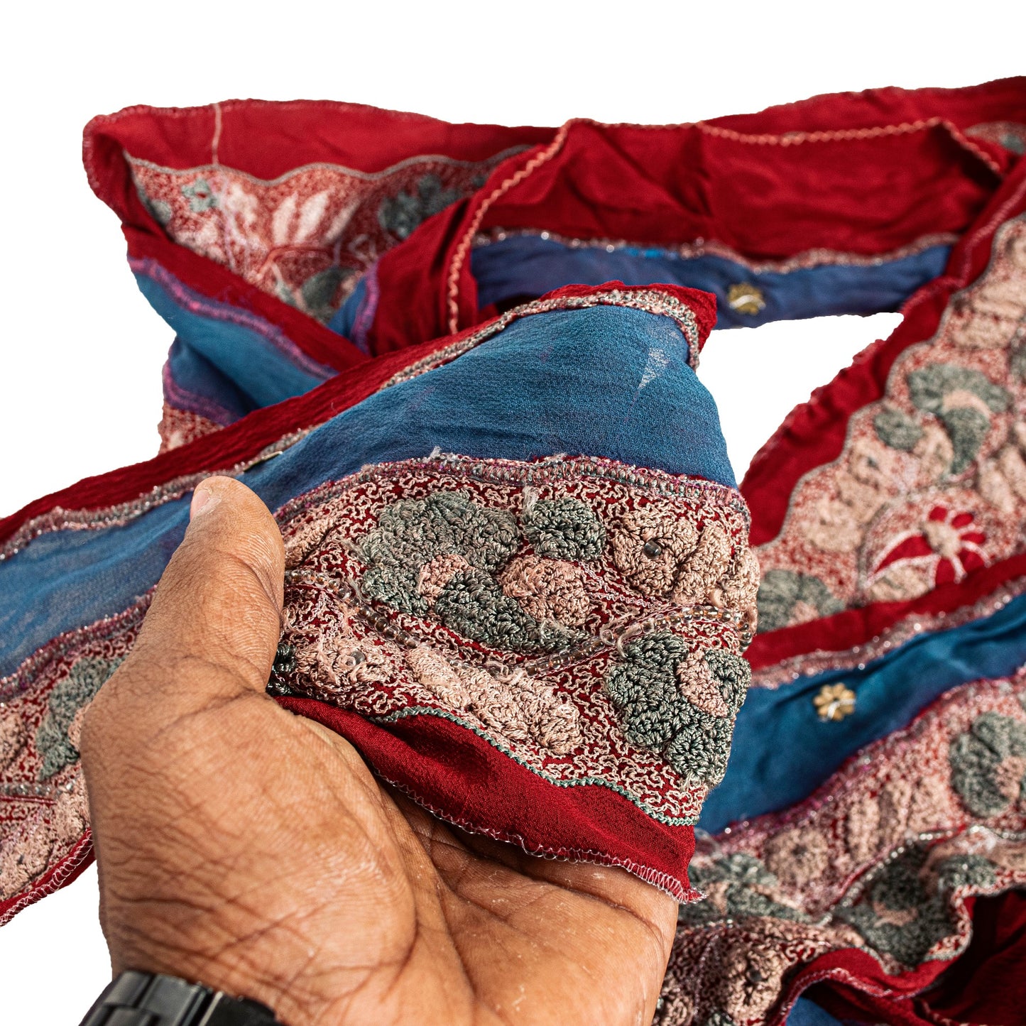 Sanskriti Vintage Sari Border Hand Beaded Craft 1 YD Sewing Blue Trims Deco Lace