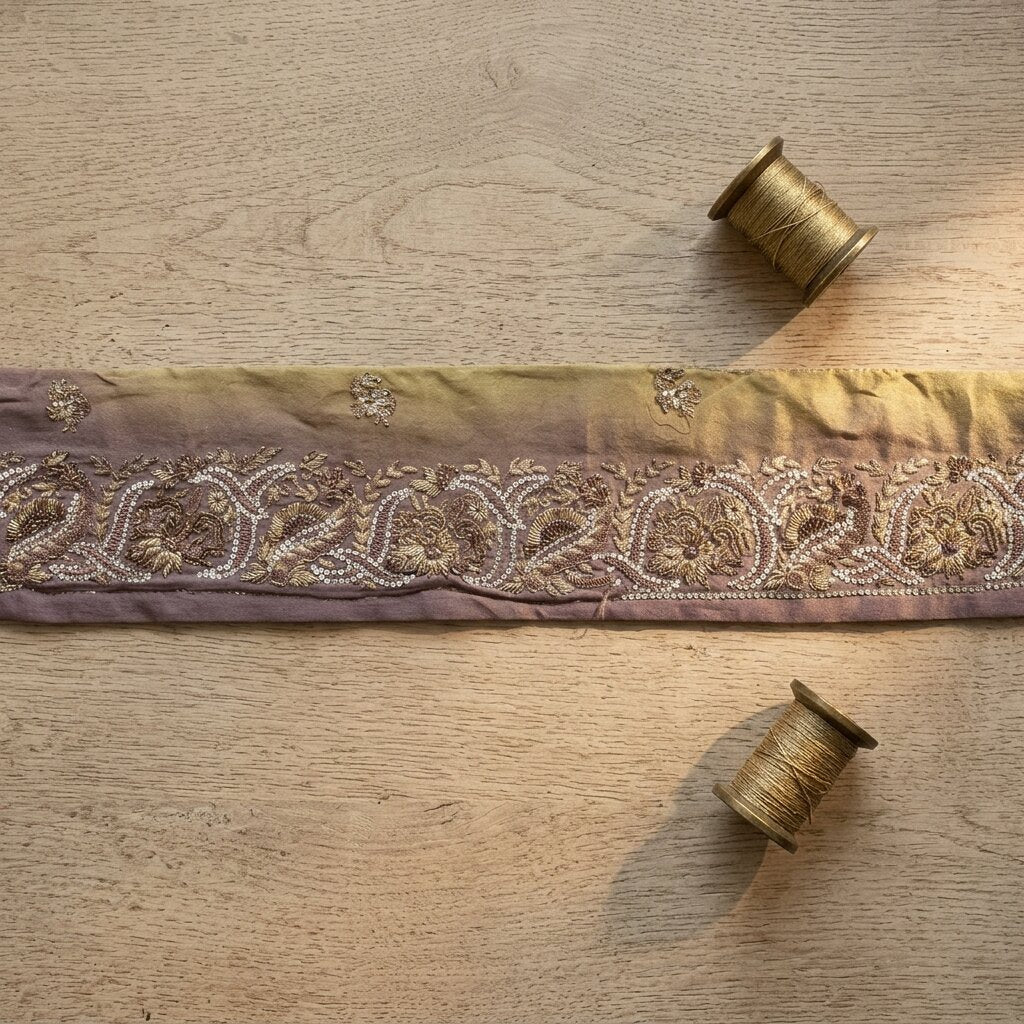 Sanskriti Vintage 1 YD 4.7"W Sari Border Brown Hand Embroidered Trim Craft Lace