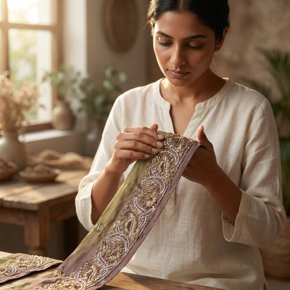 Sanskriti Vintage 1 YD 4.7"W Sari Border Brown Hand Embroidered Trim Craft Lace