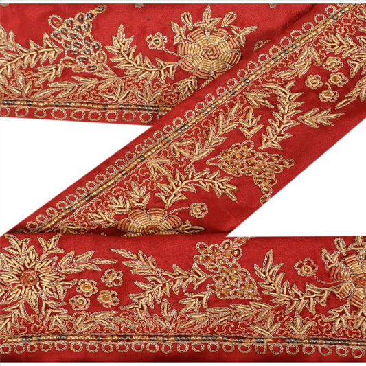 SANSKRITI VINTAGE Border Antique Hand Beaded 1 YD Indian Trim Sewing Maroon Zari