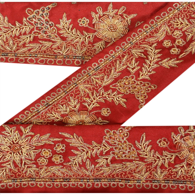 SANSKRITI VINTAGE Border Antique Hand Beaded 1 YD Indian Trim Sewing Maroon Zari