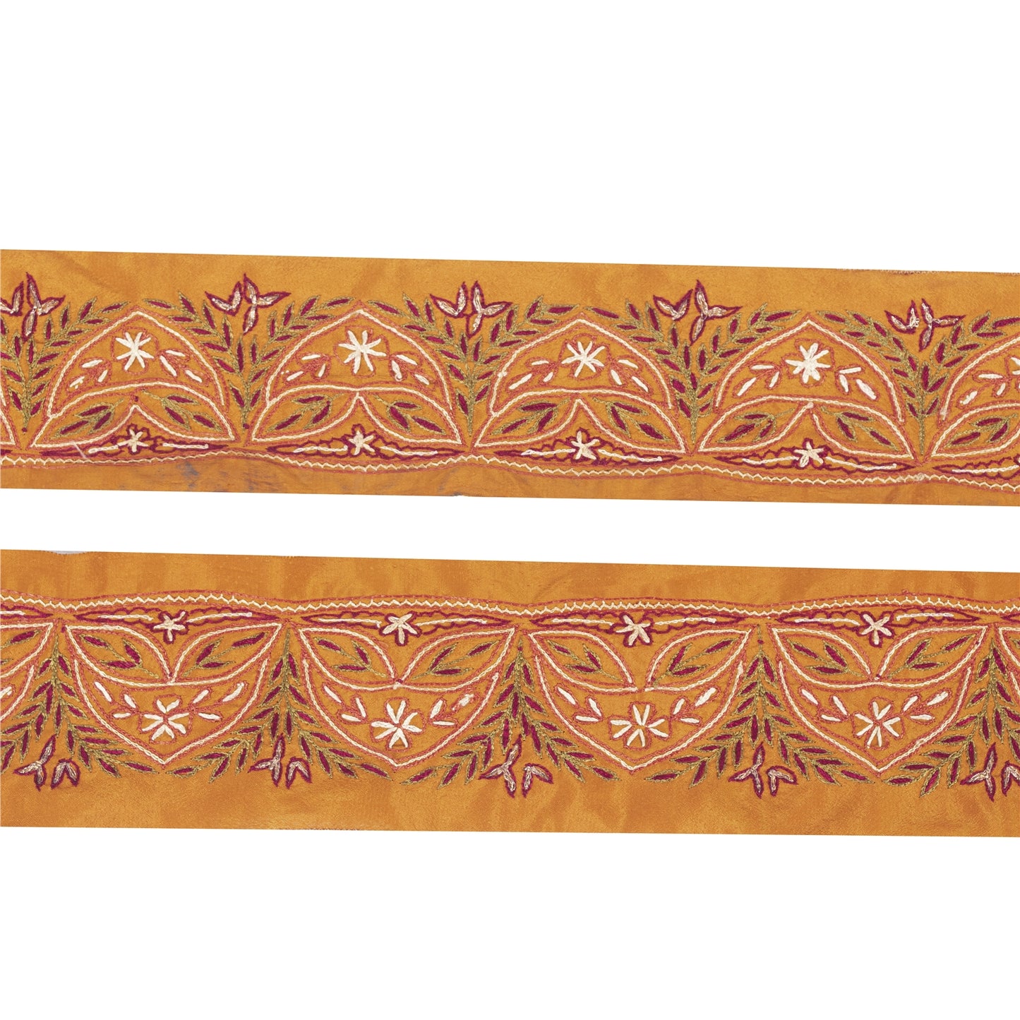 Sanskriti Vintage Sari Border Hand Embroidered 1 YD Trim Sewing Saffron Lace 2.9