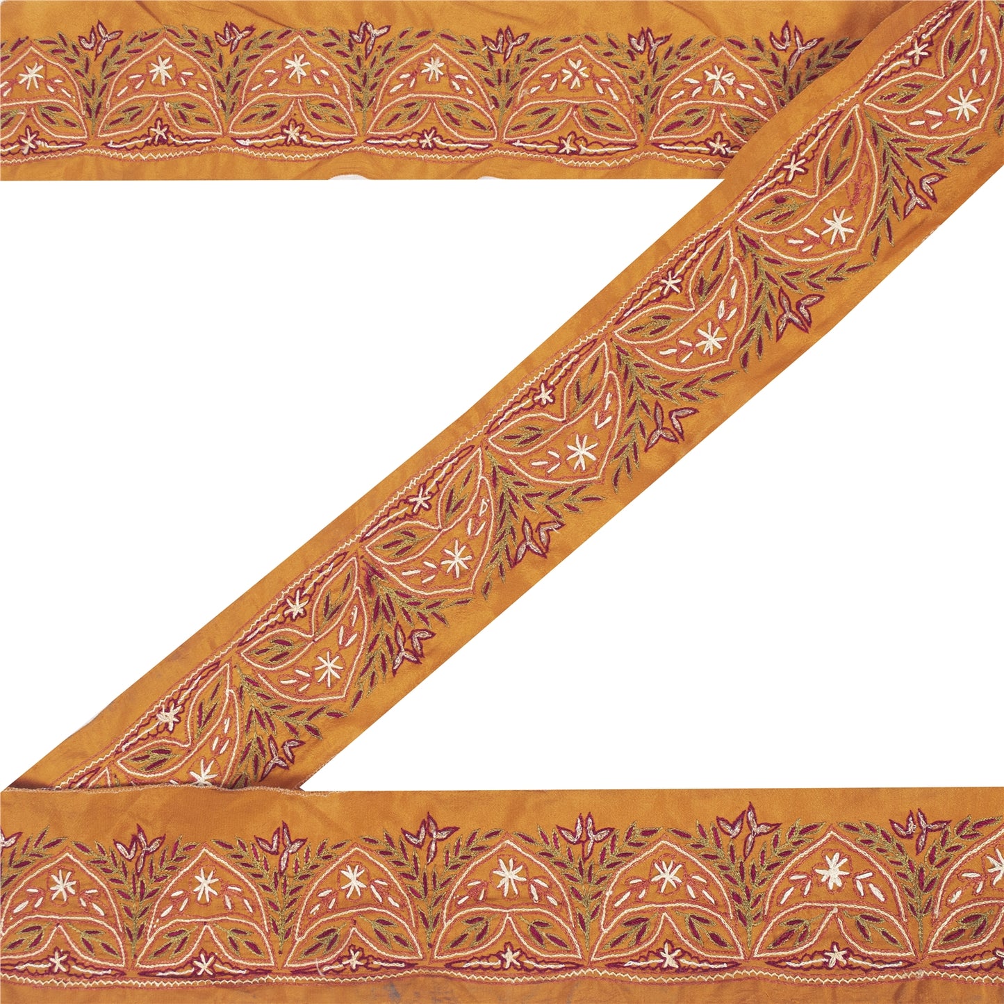 Sanskriti Vintage Sari Border Hand Embroidered 1 YD Trim Sewing Saffron Lace 2.9