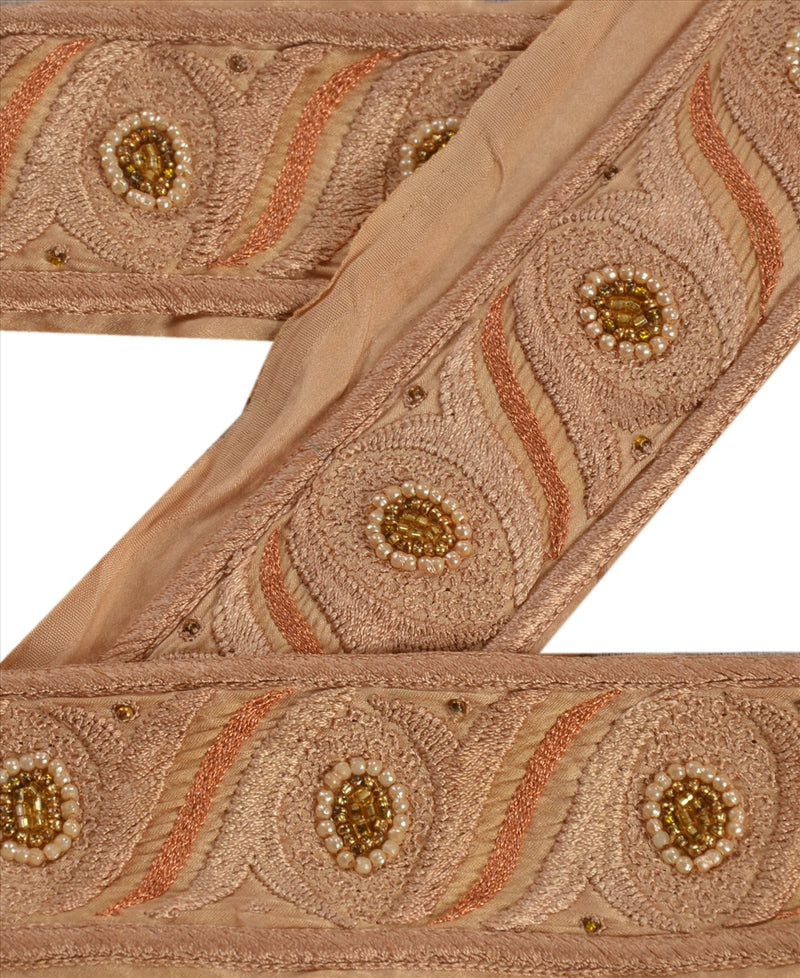 SANSKRITI VINTAGE SARI BORDER HAND BEADED CRAFT ZARI INDIAN 1 YD LACE 2'W CREAM