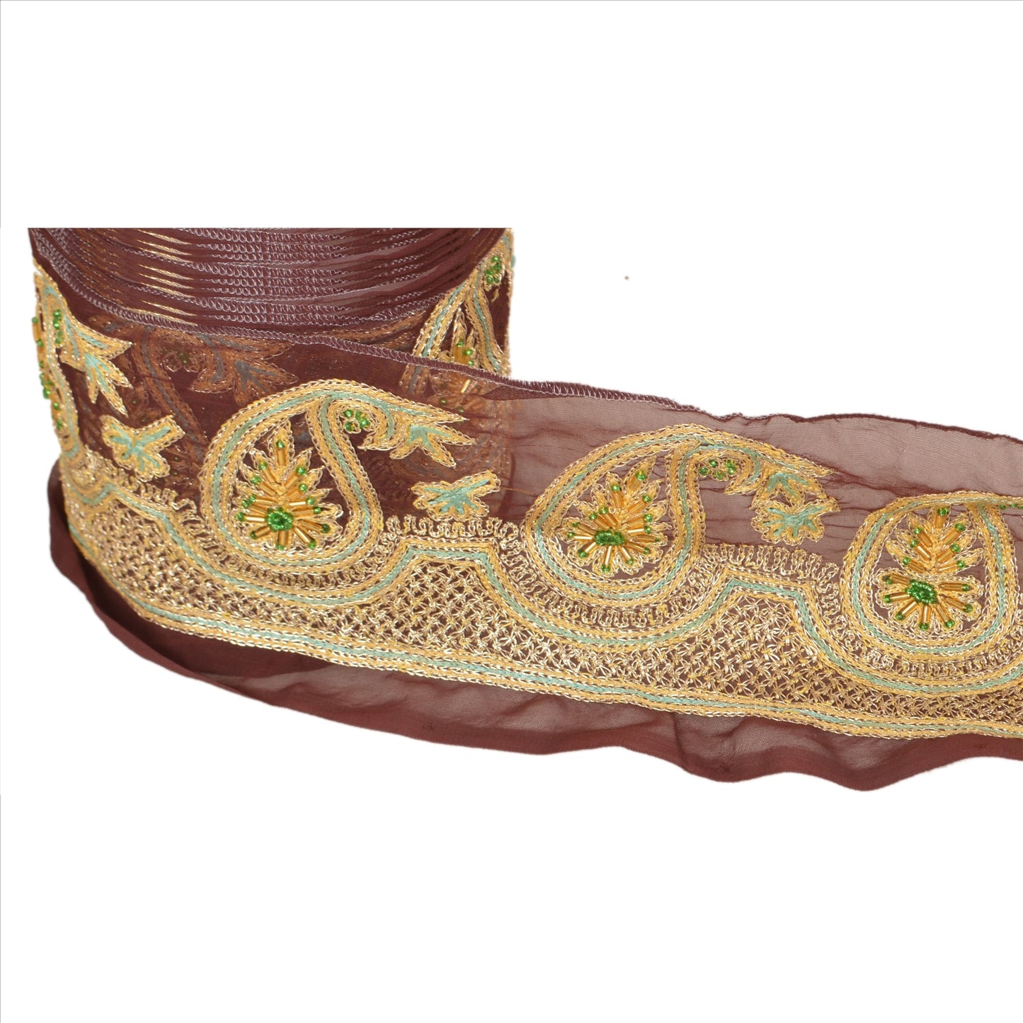 Sanskriti Vintage Sari Border Hand Beaded 1 Yd Indian Trim Craft Brown Lace