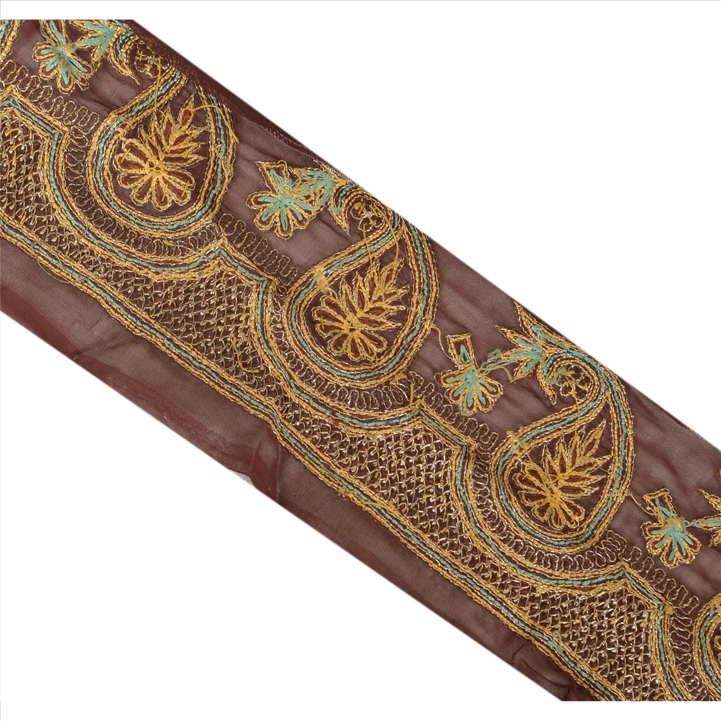 Sanskriti Vintage Sari Border Hand Beaded 1 Yd Indian Trim Craft Brown Lace