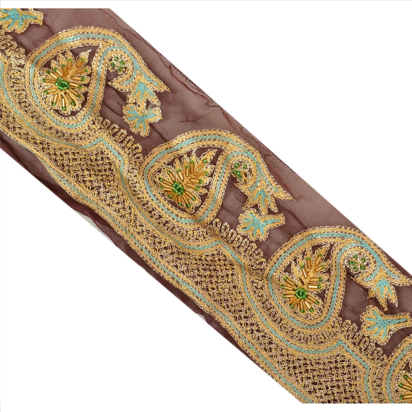 Sanskriti Vintage Sari Border Hand Beaded 1 Yd Indian Trim Craft Brown Lace