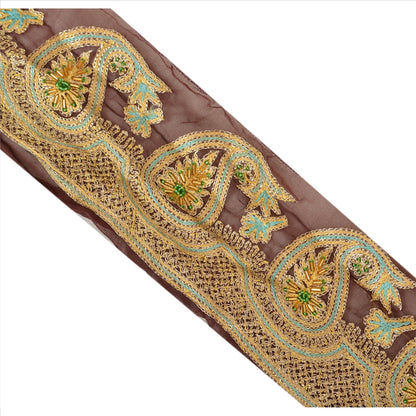 Sanskriti Vintage Sari Border Hand Beaded 1 Yd Indian Trim Craft Brown Lace