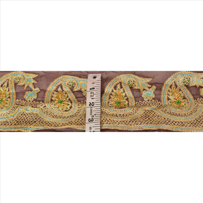 Sanskriti Vintage Sari Border Hand Beaded 1 Yd Indian Trim Craft Brown Lace