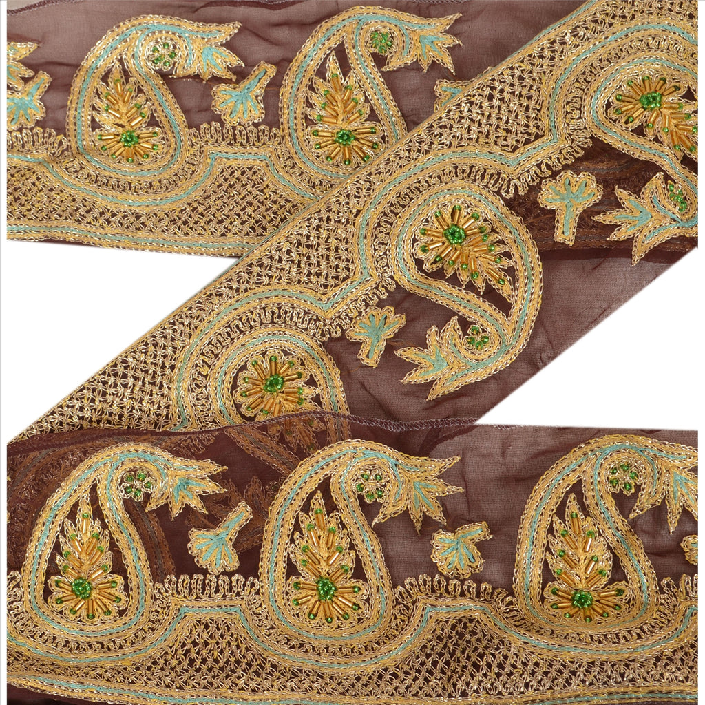 Sanskriti Vintage Sari Border Hand Beaded 1 Yd Indian Trim Craft Brown Lace