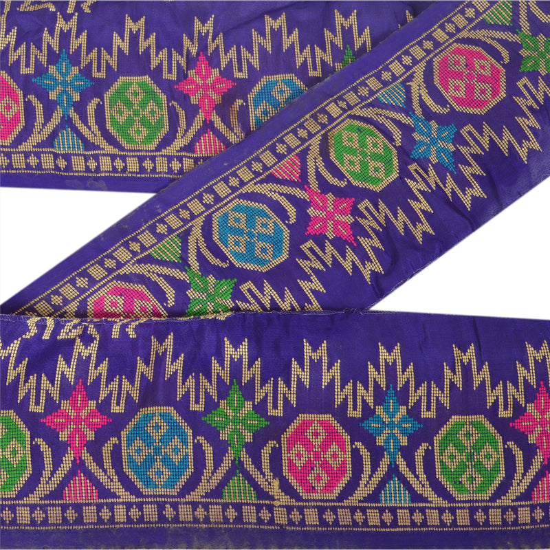 Sanskriti Vintage Sari Border Hand Embroidered 1Yd Trim Sewing Purple Decor Lace