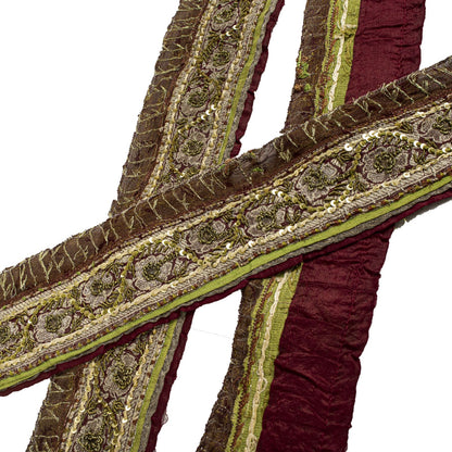 Sanskriti Vintage Brown Pure Silk 1 YD Sari Border Hand Embroidered Craft Lace