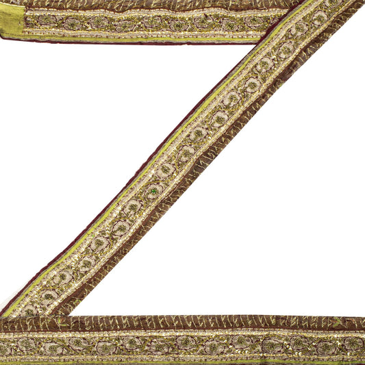Sanskriti Vintage Brown Pure Silk 1 YD Sari Border Hand Embroidered Craft Lace