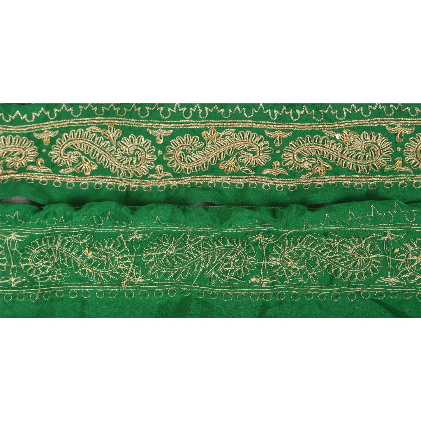 Sanskriti Vintage Sari Border Hand Beaded 1Yd Indian Trim Sewing Green Zari Lace