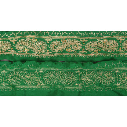 Sanskriti Vintage Sari Border Hand Beaded 1Yd Indian Trim Sewing Green Zari Lace