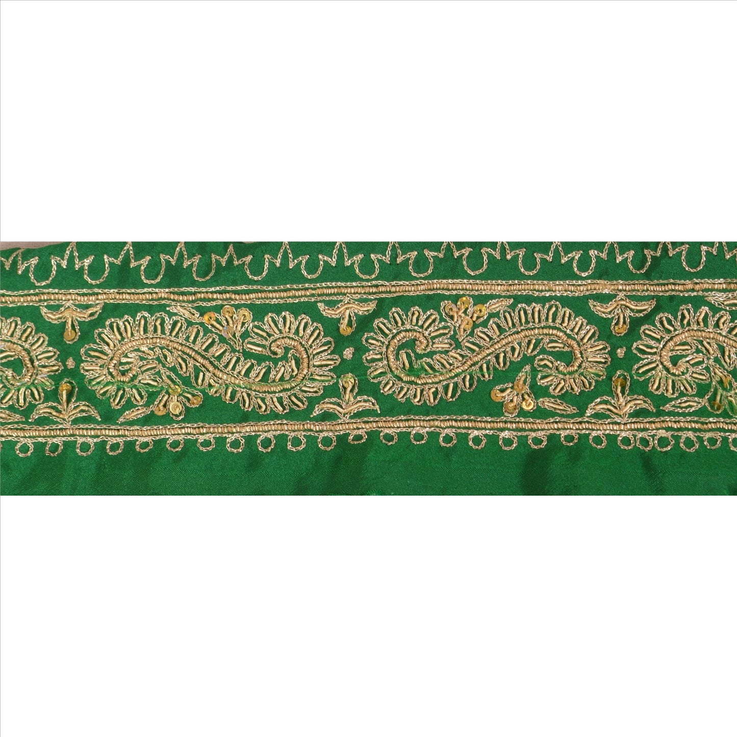 Sanskriti Vintage Sari Border Hand Beaded 1Yd Indian Trim Sewing Green Zari Lace