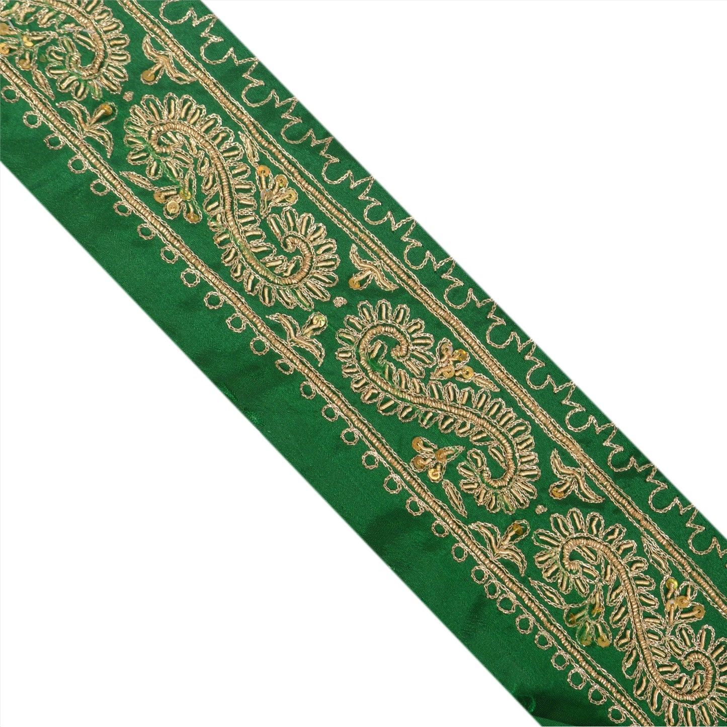 Sanskriti Vintage Sari Border Hand Beaded 1Yd Indian Trim Sewing Green Zari Lace