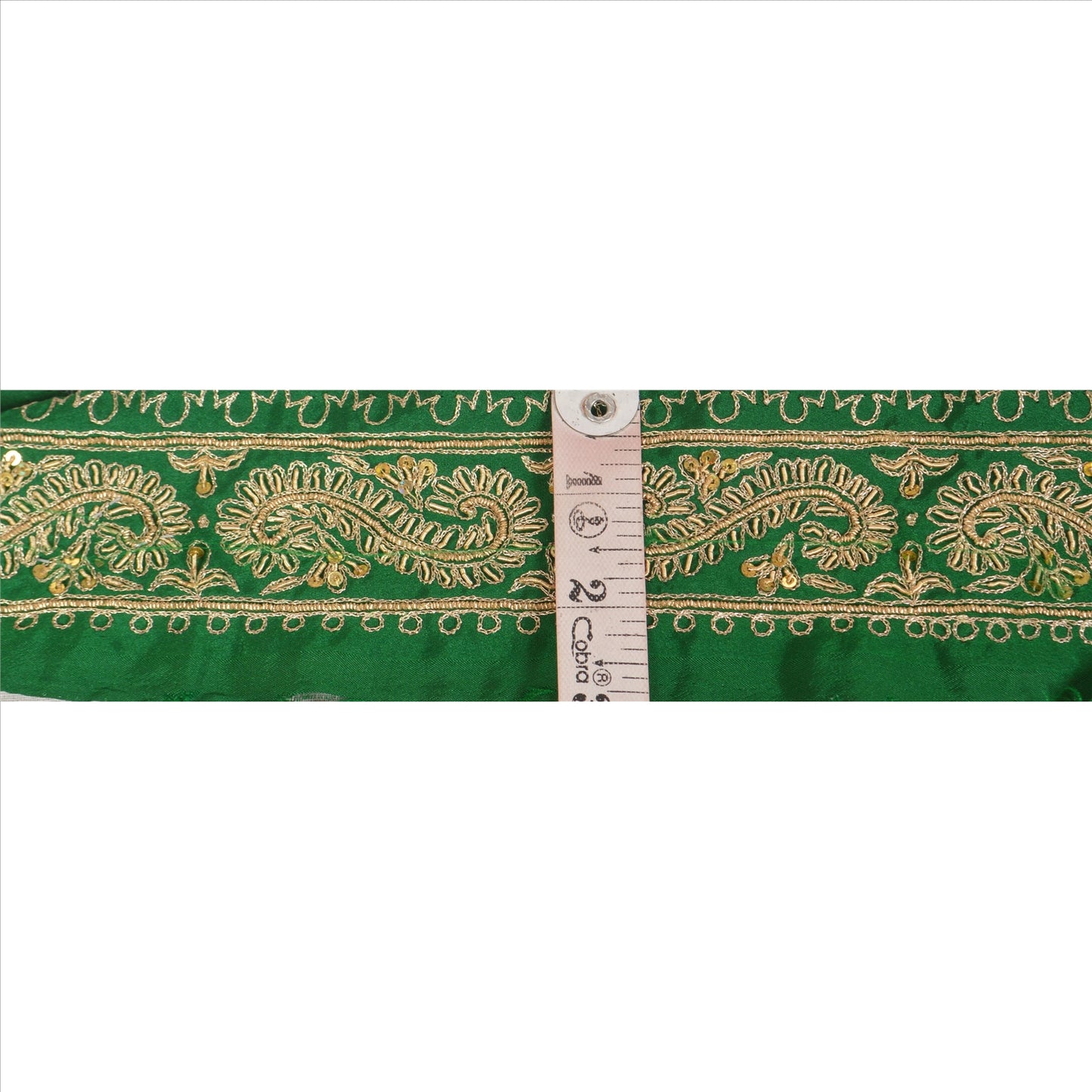 Sanskriti Vintage Sari Border Hand Beaded 1Yd Indian Trim Sewing Green Zari Lace