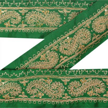 Sanskriti Vintage Sari Border Hand Beaded 1Yd Indian Trim Sewing Green Zari Lace