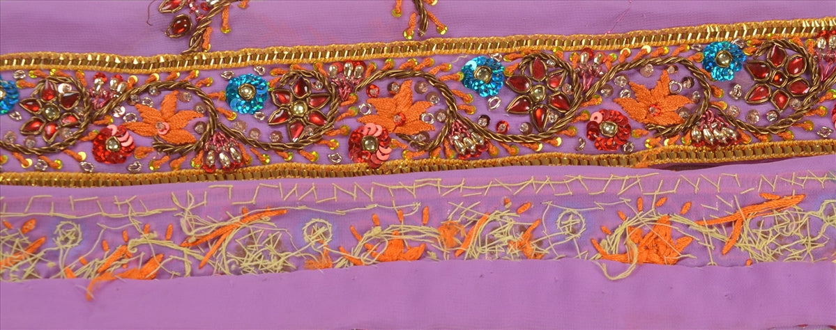 Sanskriti VINTAGE SARI BORDER HAND BEADED CRAFT 1YD TRIMS LACE 2'W FLORAL PURPLE
