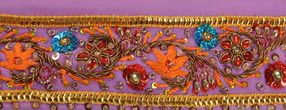 Sanskriti VINTAGE SARI BORDER HAND BEADED CRAFT 1YD TRIMS LACE 2'W FLORAL PURPLE