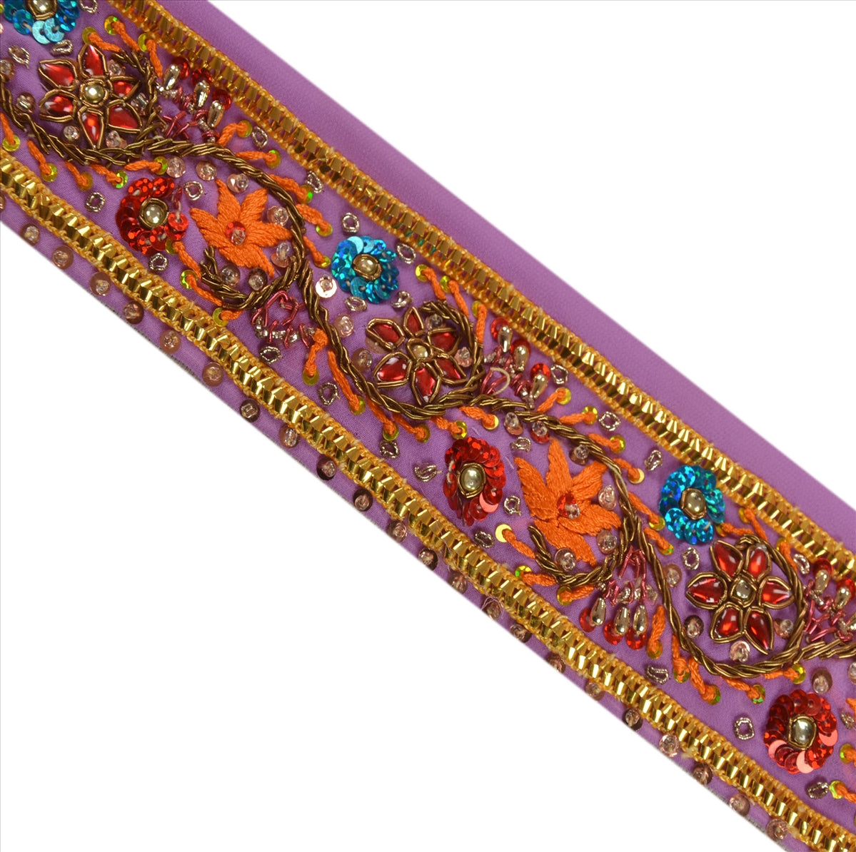 Sanskriti VINTAGE SARI BORDER HAND BEADED CRAFT 1YD TRIMS LACE 2'W FLORAL PURPLE