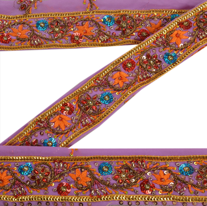 Sanskriti Vintage Saree Border Hand Beaded Zari Zardozi Craft 1Yd Saree Trims 2'W Floral Purple 2W Sari Ribbon Georgette Lace