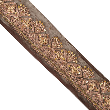 Sanskriti Vintage Sari Border Hand Beaded Zardozi 1 YD Trim Brown Craft Lace 1.5