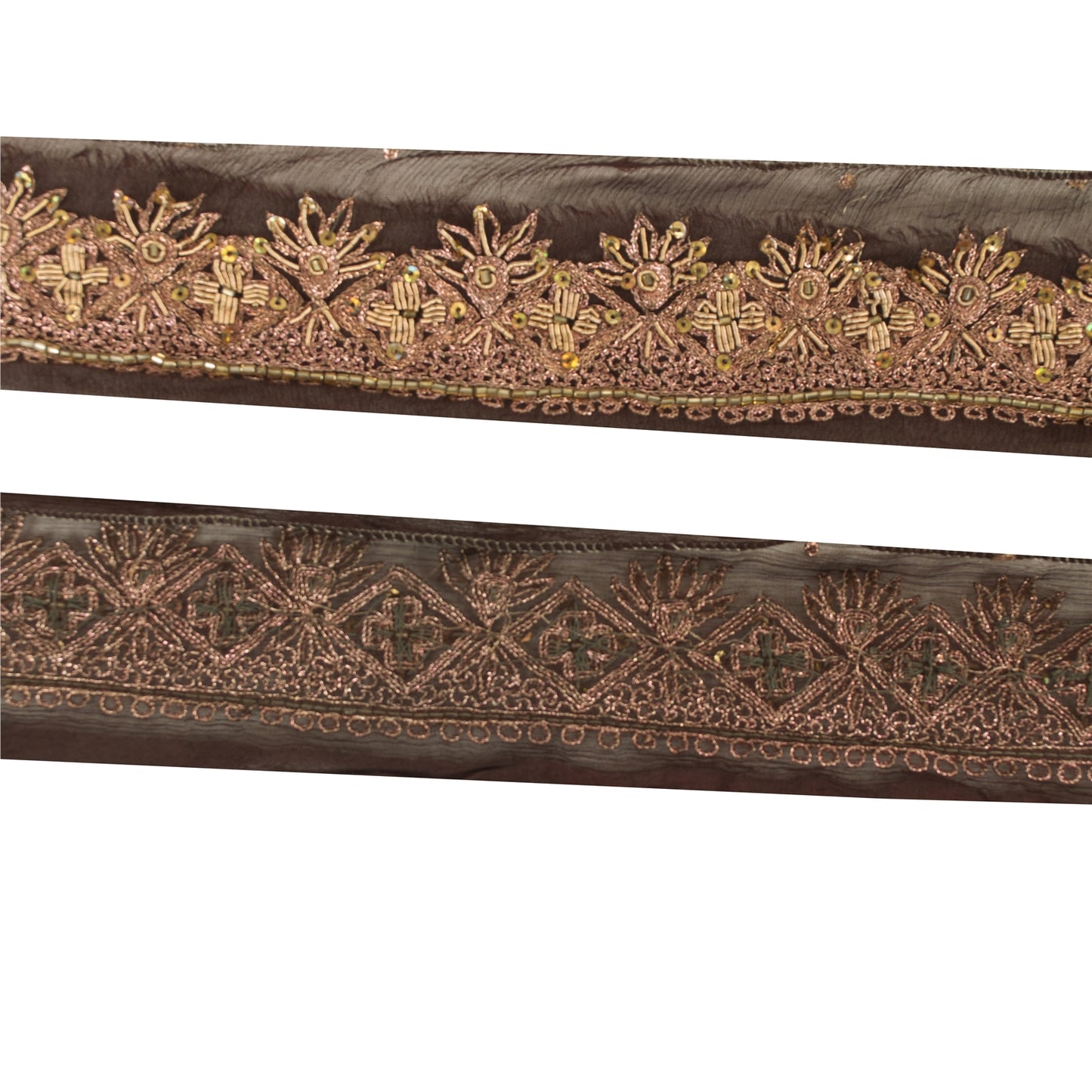 Sanskriti Vintage Sari Border Hand Beaded Zardozi 1 YD Trim Brown Craft Lace 1.5