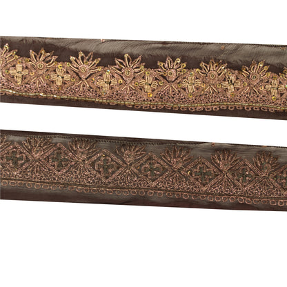 Sanskriti Vintage Sari Border Hand Beaded Zardozi 1 YD Trim Brown Craft Lace 1.5
