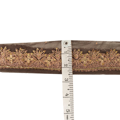 Sanskriti Vintage Sari Border Hand Beaded Zardozi 1 YD Trim Brown Craft Lace 1.5
