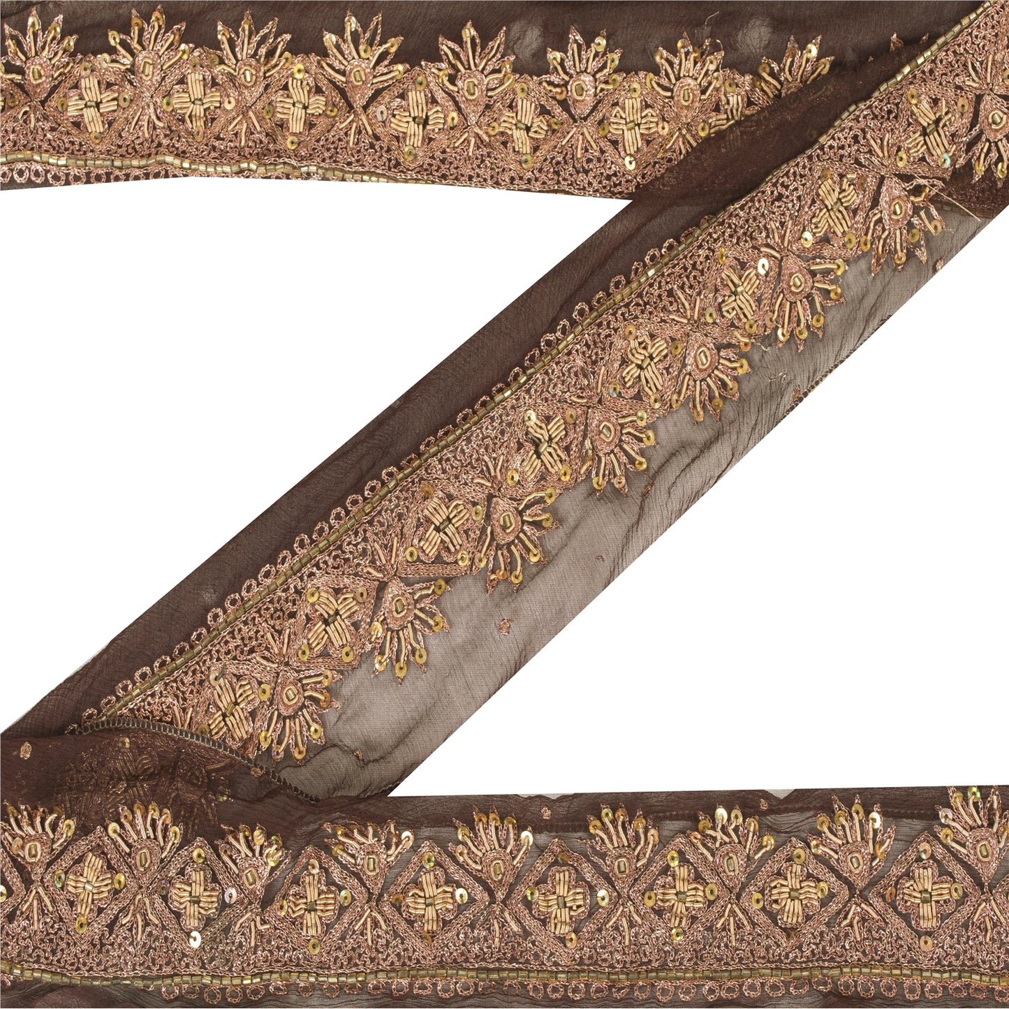 Sanskriti Vintage Sari Border Hand Beaded Zardozi 1 YD Trim Brown Craft Lace 1.5