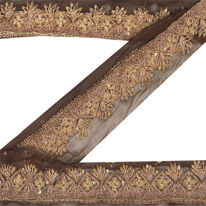 Sanskriti Vintage Sari Border Hand Beaded Zardozi 1 YD Trim Brown Craft Lace 1.5