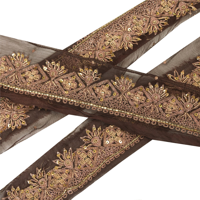 Sanskriti Vintage Sari Border Hand Beaded Zardozi 1 YD Trim Brown Craft Lace 1.5