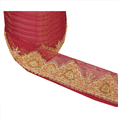 SANSKRITI VINTAGE Border Antique Hand Beaded 1ydIndian Sewing Red Zari Lace