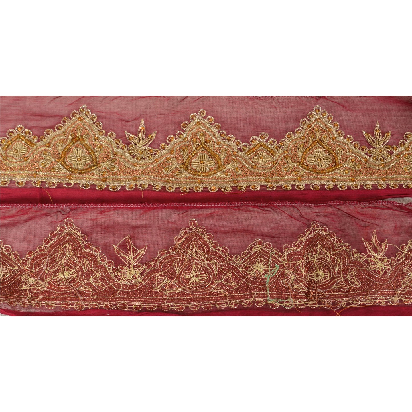 SANSKRITI VINTAGE Border Antique Hand Beaded 1ydIndian Sewing Red Zari Lace