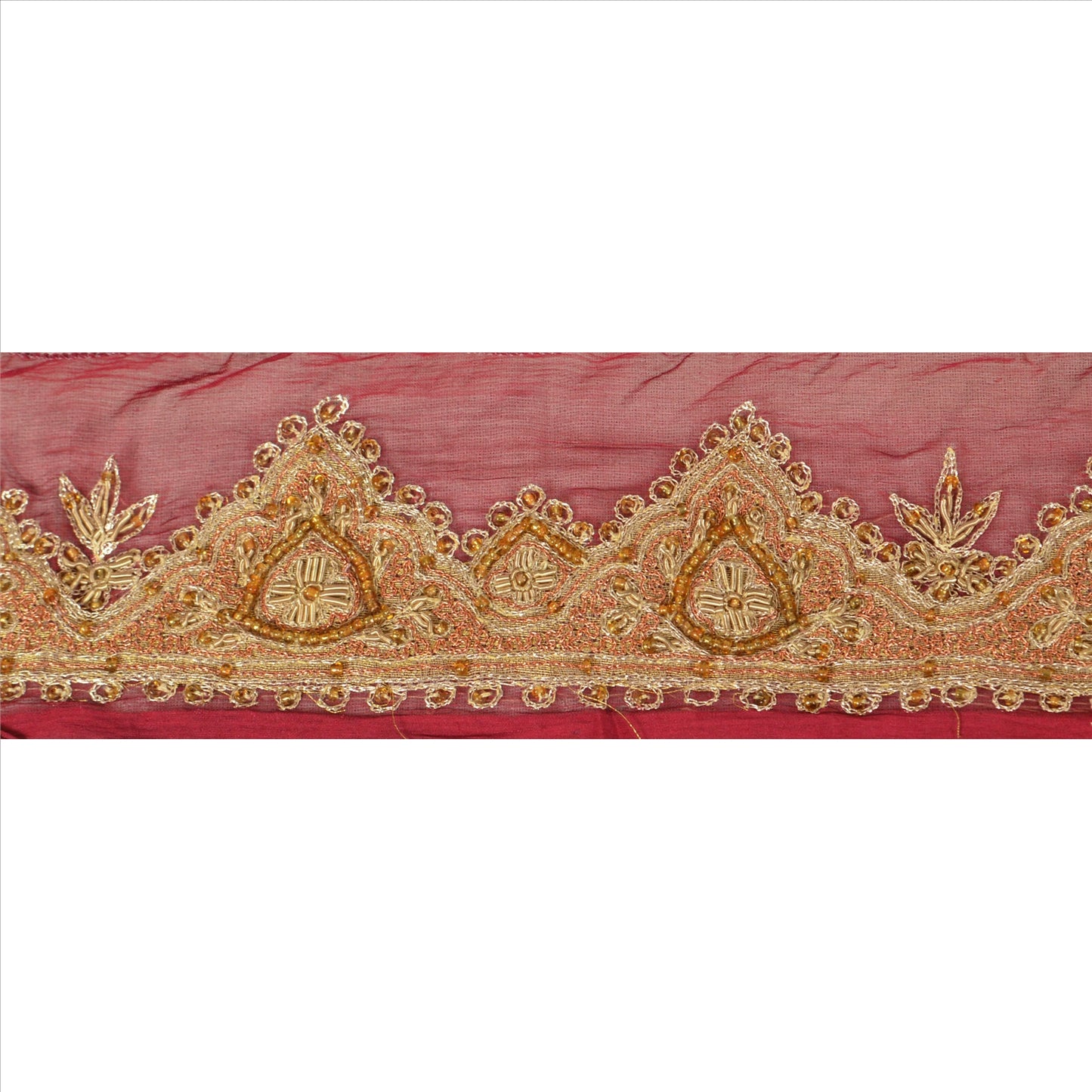 SANSKRITI VINTAGE Border Antique Hand Beaded 1ydIndian Sewing Red Zari Lace