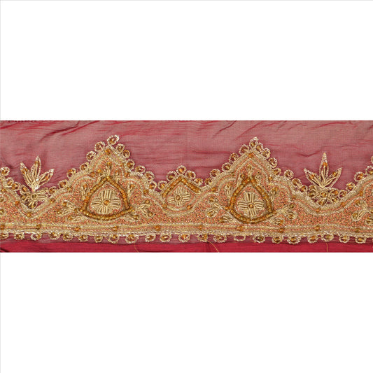 SANSKRITI VINTAGE Border Antique Hand Beaded 1ydIndian Sewing Red Zari Lace