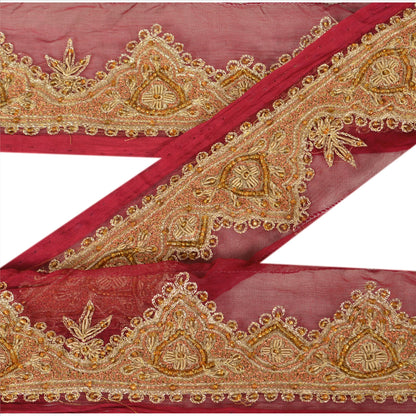 SANSKRITI VINTAGE Border Antique Hand Beaded 1ydIndian Sewing Red Zari Lace