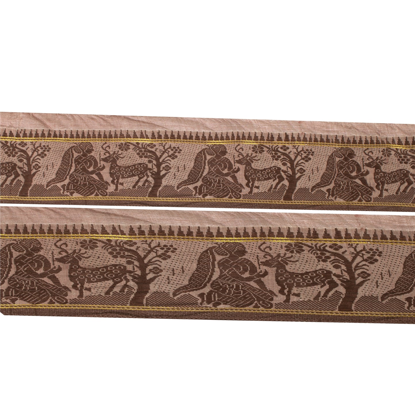 Sanskriti Vintage Sari Border Woven Baluchari 1YD Women Peacock Trim Brown Lace