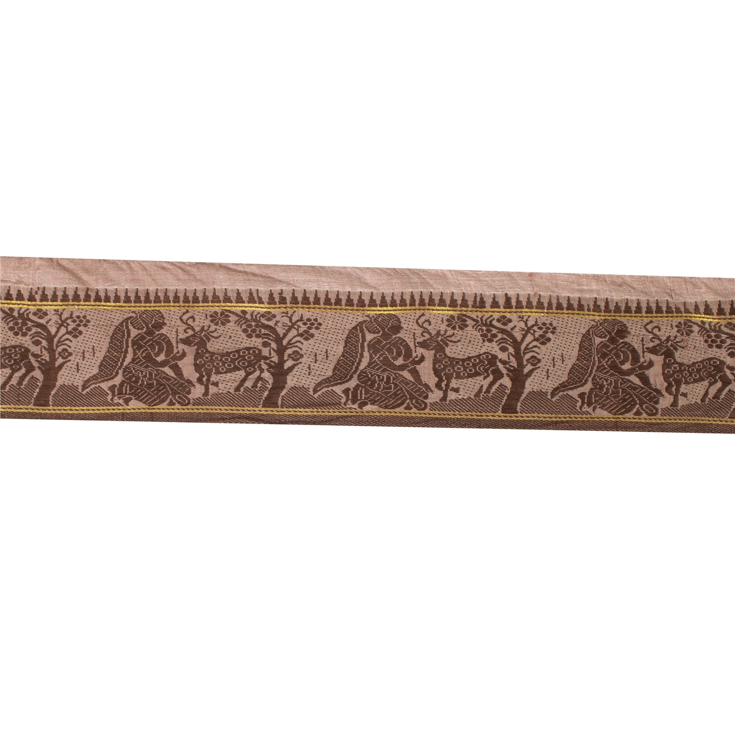 Sanskriti Vintage Sari Border Woven Baluchari 1YD Women Peacock Trim Brown Lace