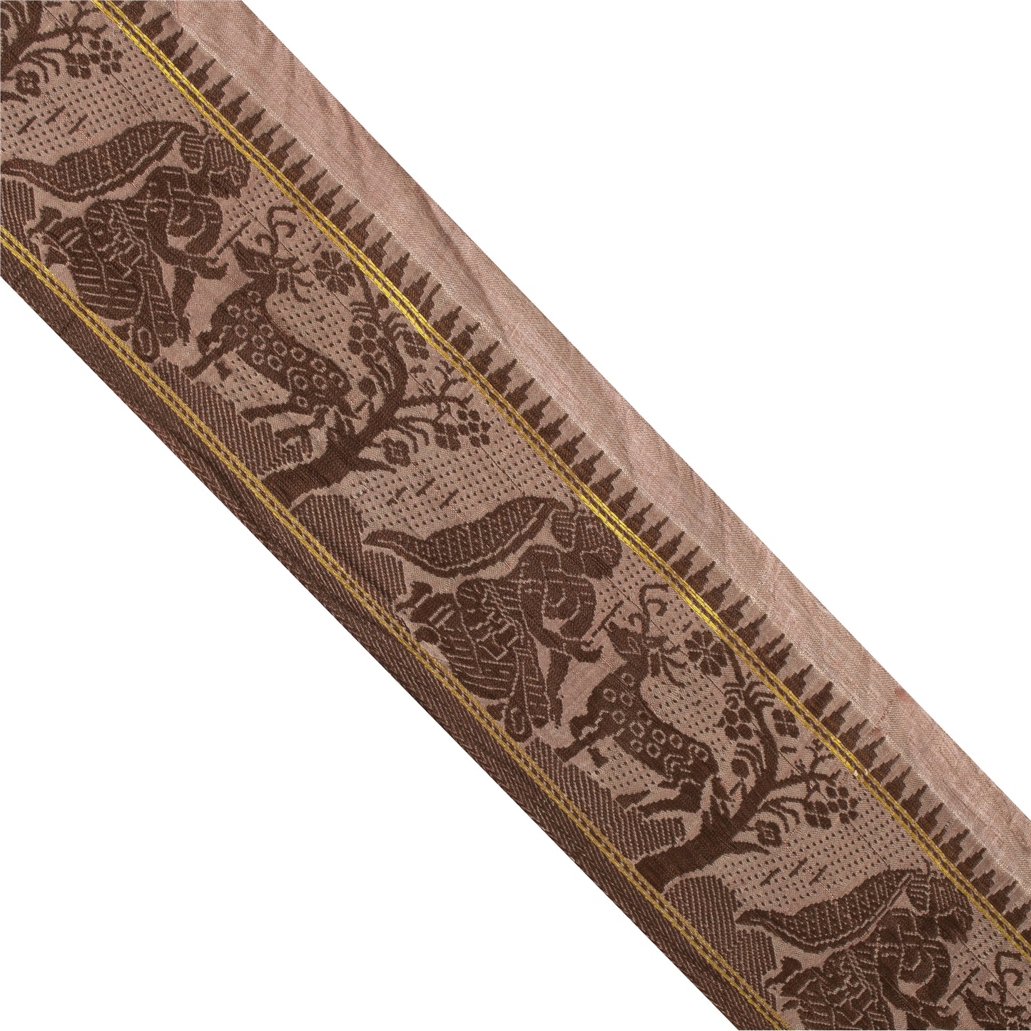 Sanskriti Vintage Sari Border Woven Baluchari 1YD Women Peacock Trim Brown Lace