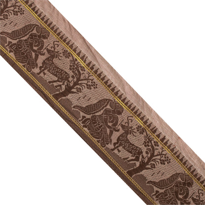 Sanskriti Vintage Sari Border Woven Baluchari 1YD Women Peacock Trim Brown Lace