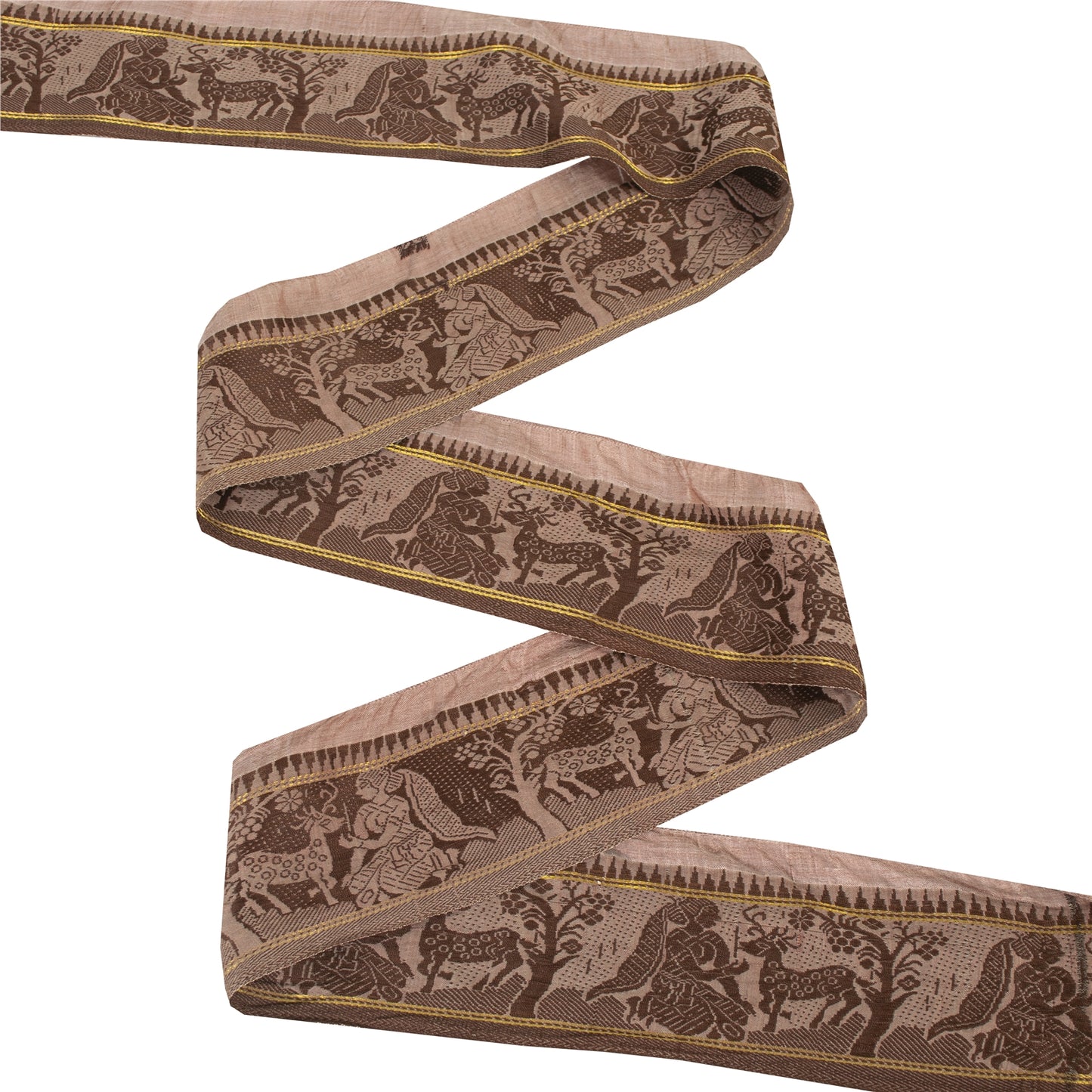 Sanskriti Vintage Sari Border Woven Baluchari 1YD Women Peacock Trim Brown Lace