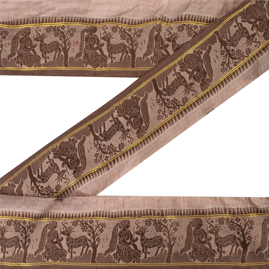 Sanskriti Vintage Sari Border Woven Baluchari 1YD Women Peacock Trim Brown Lace