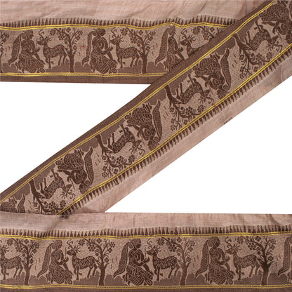 Sanskriti Vintage Sari Border Woven Baluchari 1YD Women Peacock Trim Brown Lace